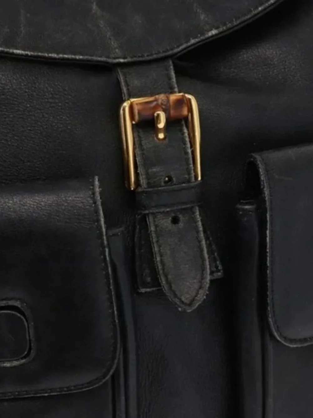 GUCCI Bamboo Backpack Leather Black Gold 003